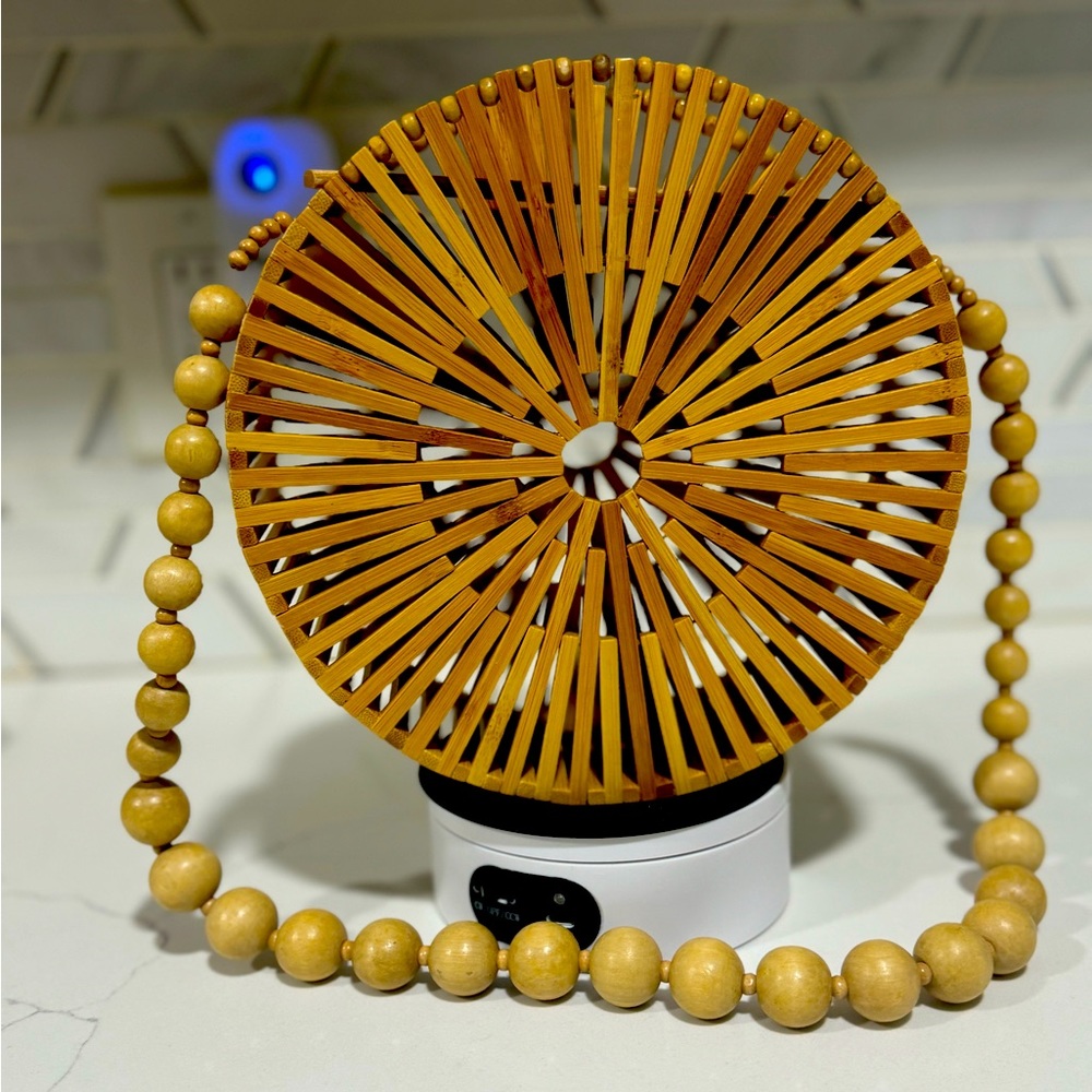 Beige Round Bamboo Beaded Strap Luna Bag